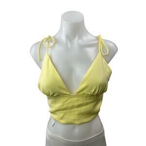 Superdown Yellow Sleeveless Tie Strap V Neck Smocked Tank Cami Crop Top Size S